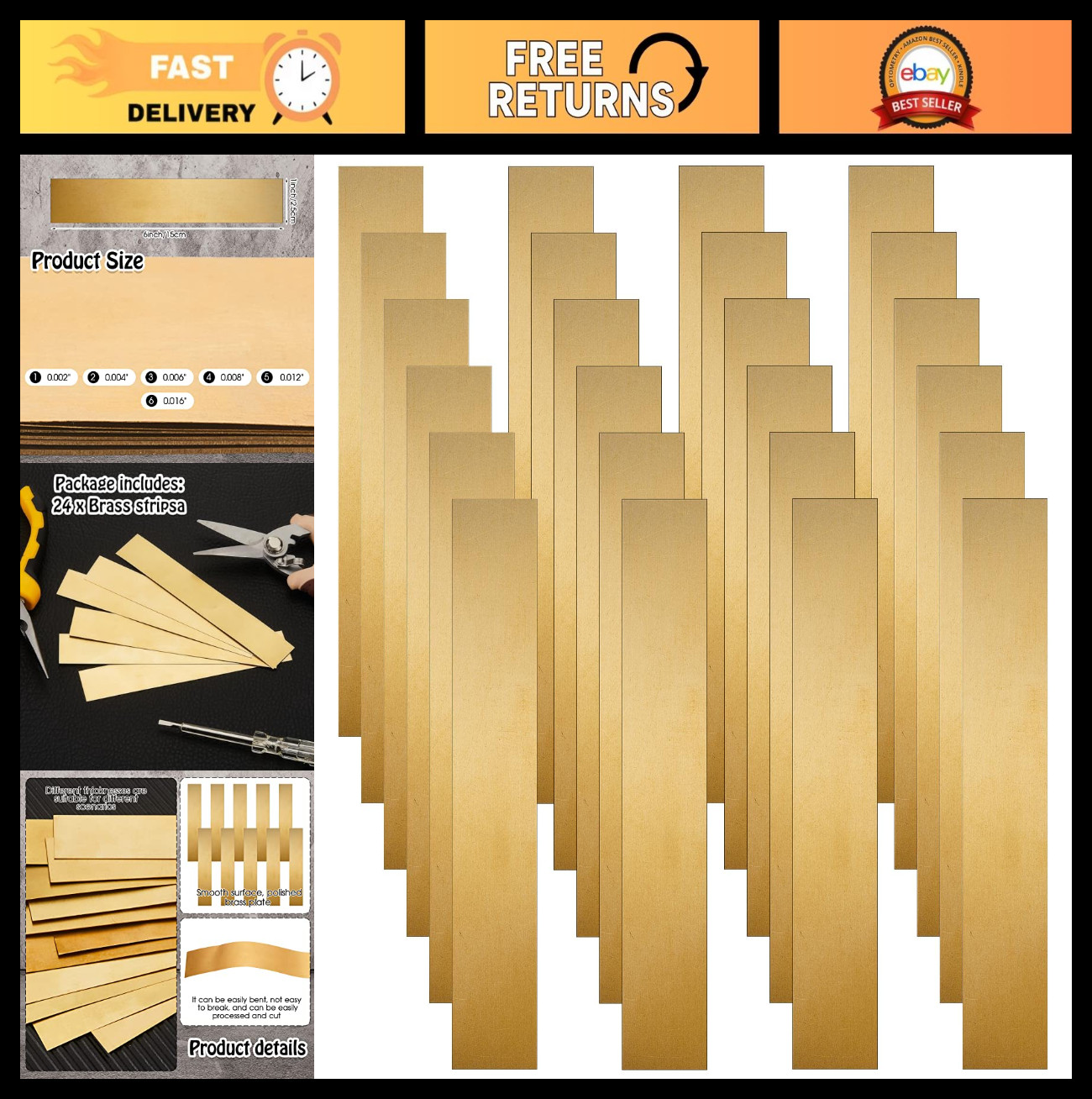 24 Brass Shim Stock Assortment – 6″ Length, Multiple Thicknesses 0.002″-0.016″