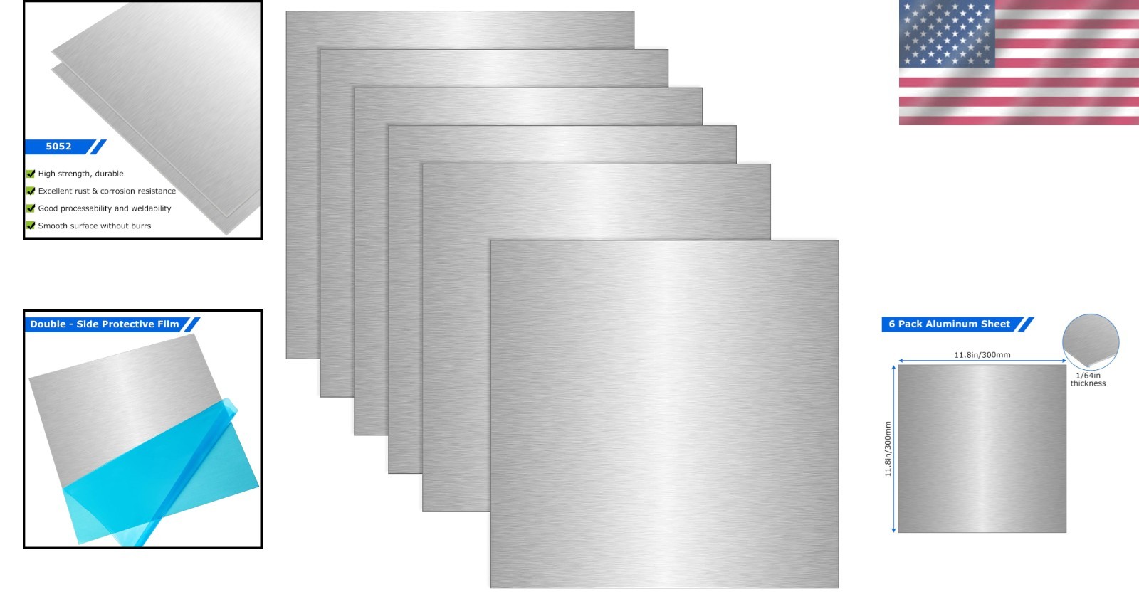 Quality 5052 Aluminum Metal Plates – 6 Pack, 12×12 Inch Flat Panels with Film