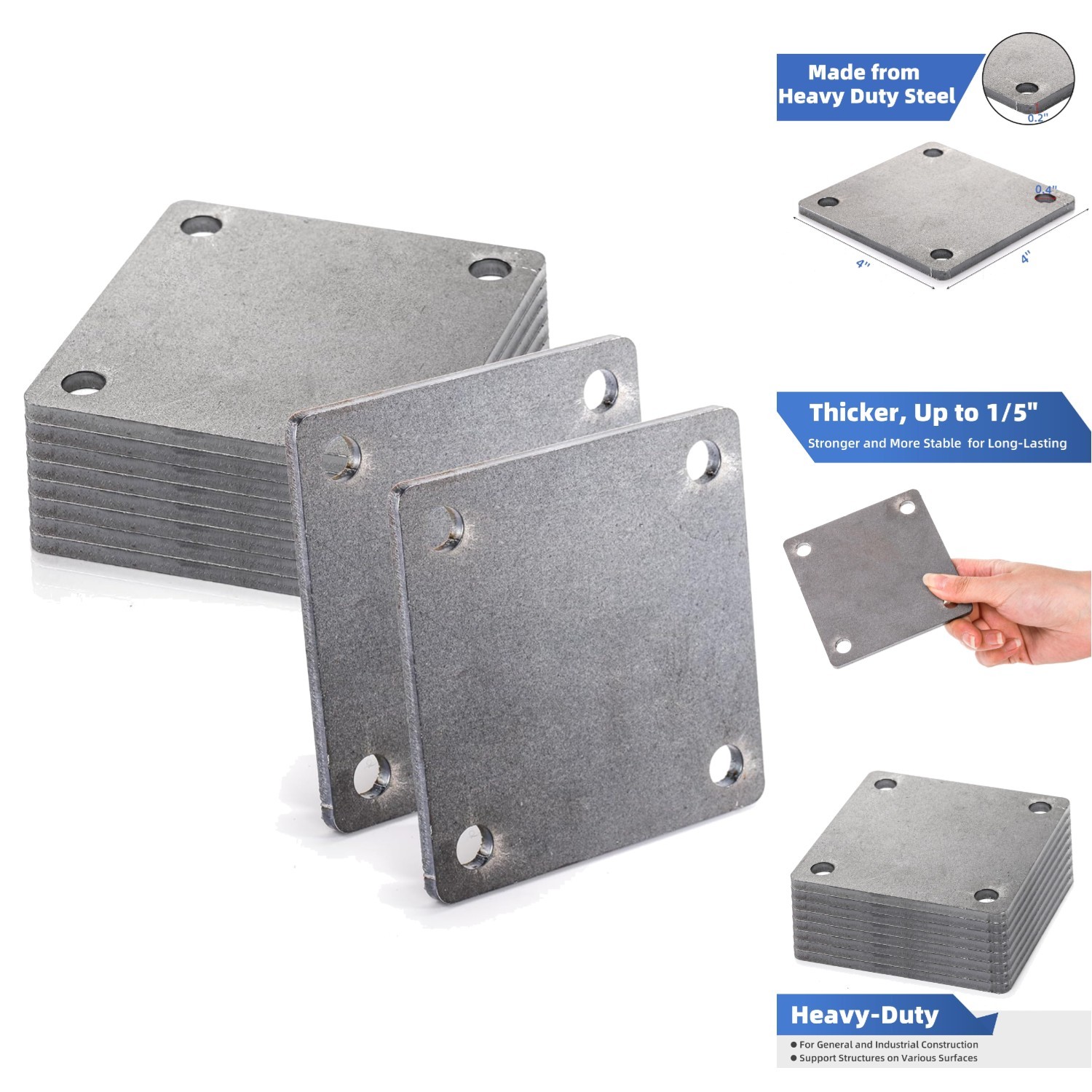 8 Pack 4×4 Steel Plates with Holes A36 Mild Metal Sheet Weldable Base Plate 1/5″