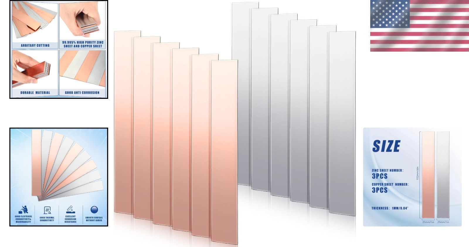 6 Pcs 99.9% Copper and Zinc Anode Sheets – Ideal for Electroplating Applications