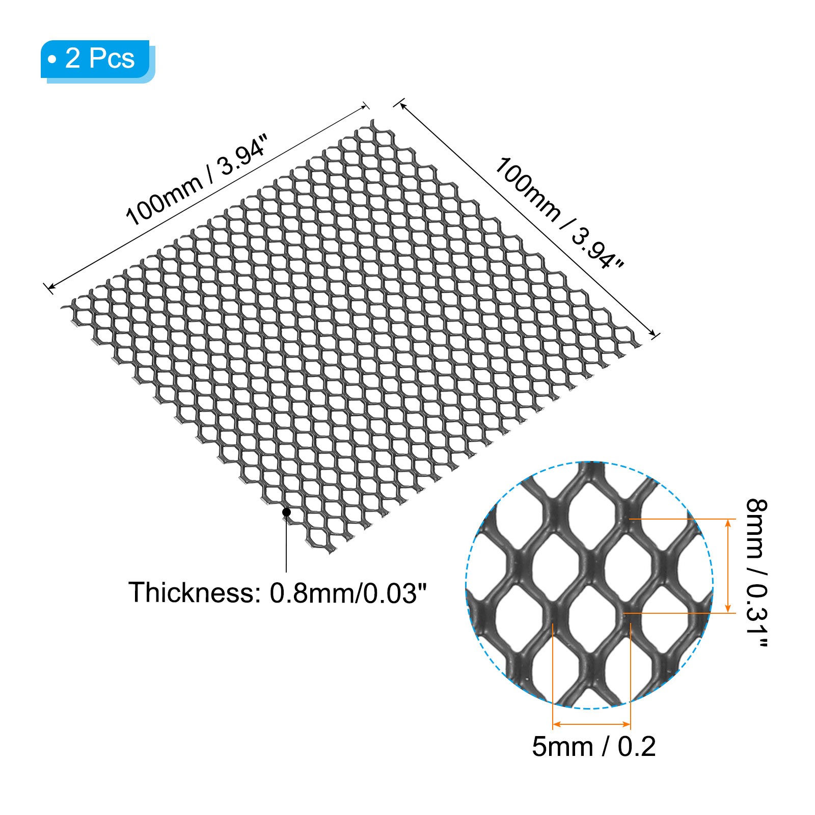 4″L x 4″W Universal Car Grill Mesh, 2Pcs 5x8mm Hexagon Hole, Black