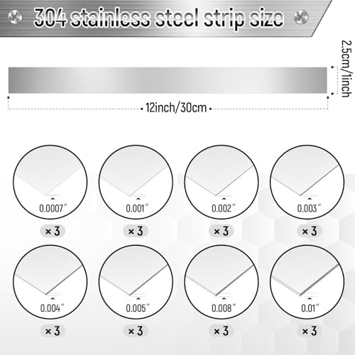 24 Pcs 304 Stainless Steel Strips Metal Shim Stock Assortment 1″ Width x 12″ Len