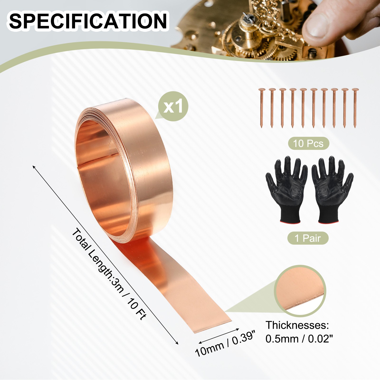Copper Sheet Roll 0.4″ x 10 Ft 24 Gauge(0.5mm) Thickness DIY (1 Pack, Copper)