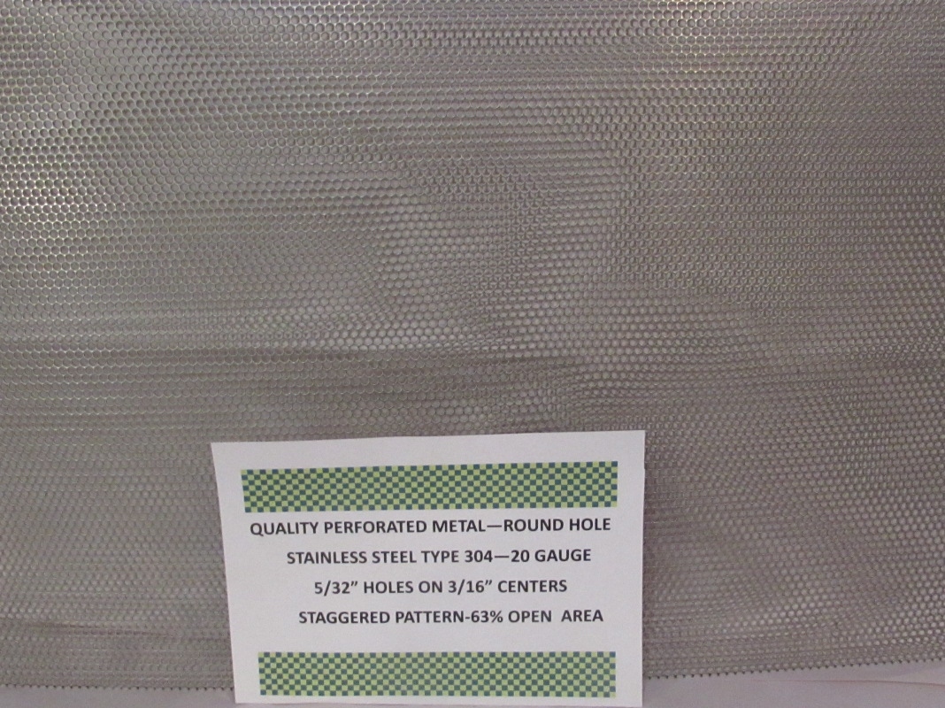 20 GA 304 STAINLESS PERORATED SHEET–5/32″ HOLES ON 3/16″STAGGERED 5″ x 16-1/2″