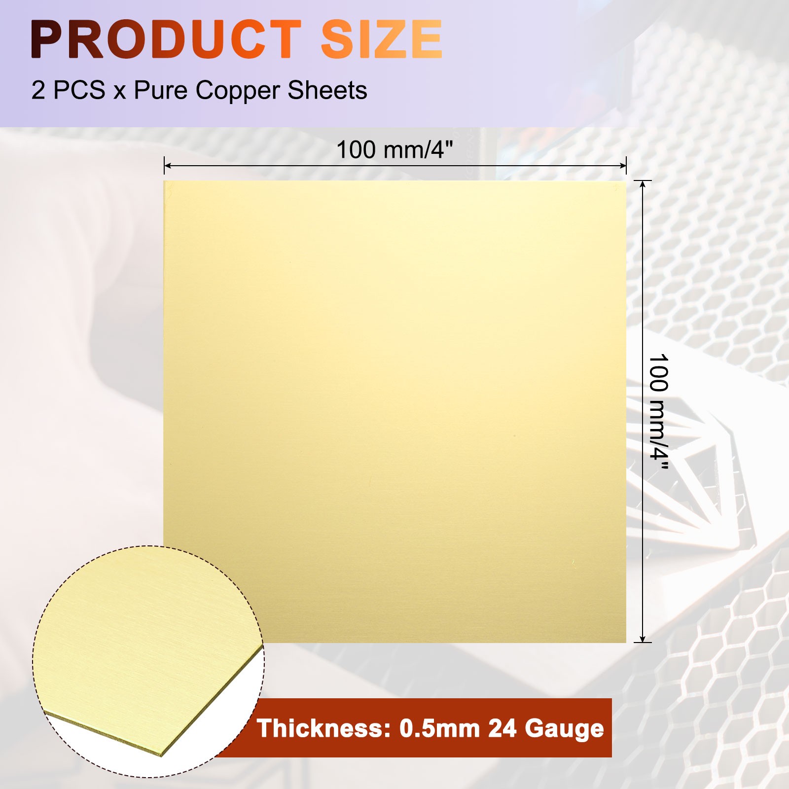 2Pcs Pure Brass Sheet, 4″ x 4″, 24 Gauge (0.5mm) Thickness with Glove(Gold)