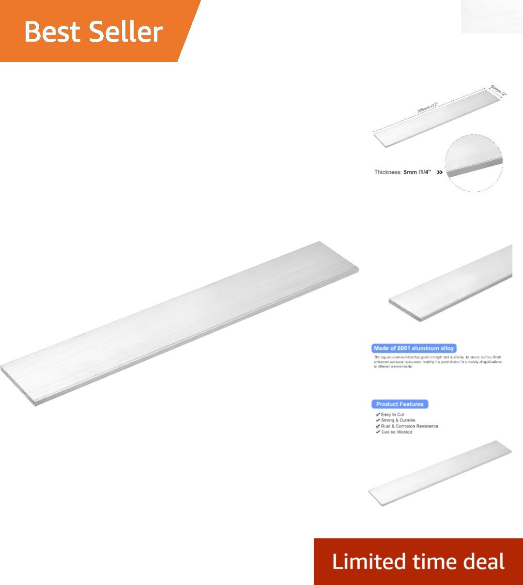 Versatile Square Aluminum Bar, 1/4″ x 2″ x 12″ – Ideal for Construction Projects