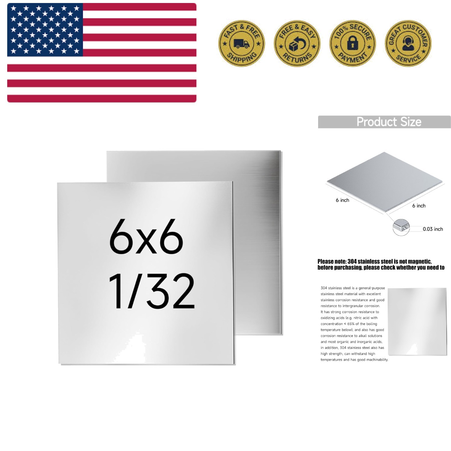 304 Stainless Steel Sheet – 2PCS 6″ X 6″ X 1/32″ Thin Stainless Steel Plate 1…