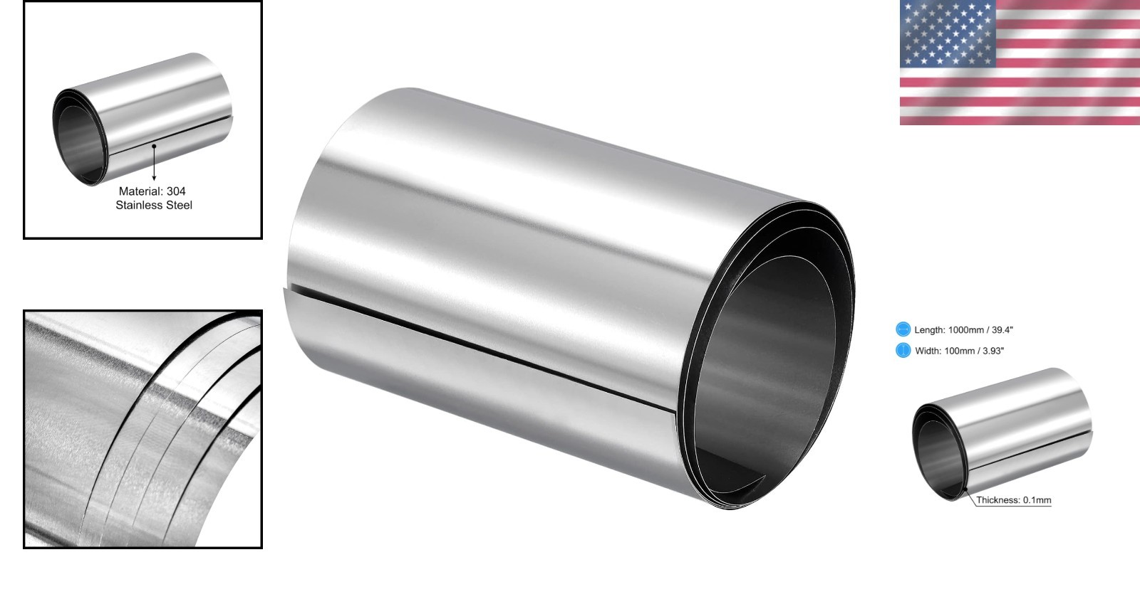 Silver Tone 304 Stainless Steel Sheet, 0.1mm x 100mm x 1000mm | Perfect for DIY