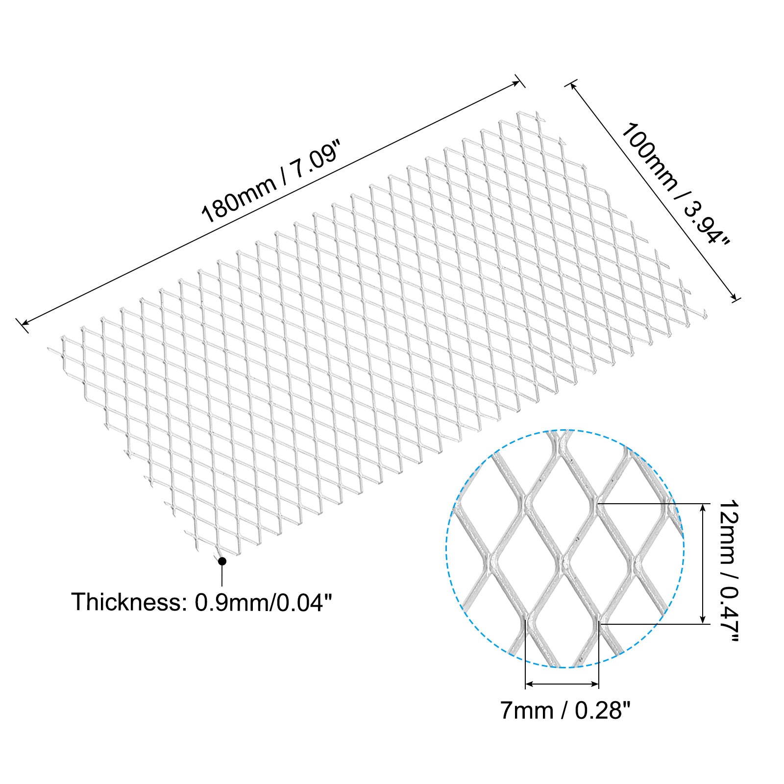 4″L x 4″W Universal Car Grill Mesh, 7x12mm Diamond Hole, Silver Tone