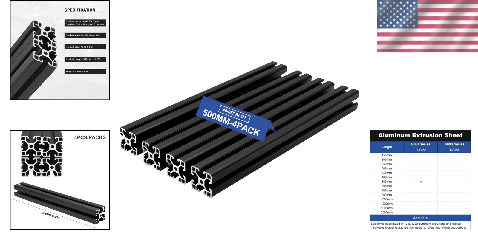 High-Strength 4040 T-Slotted Aluminum Extrusions – 4 Pack 500mm