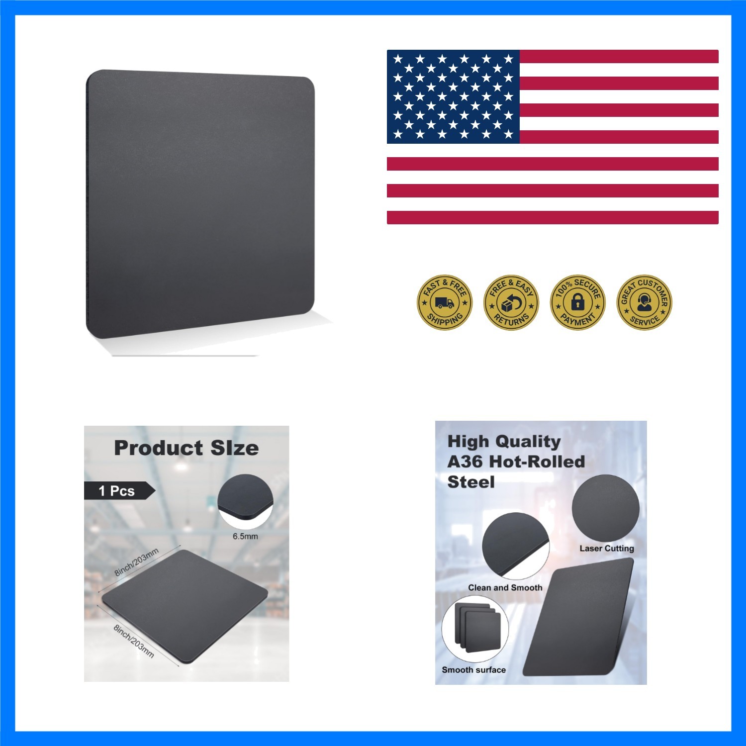 1/4 Inch Steel Plate, 8in x 8in A36 Square Steel Base Plate | Steel Sheet Hot…