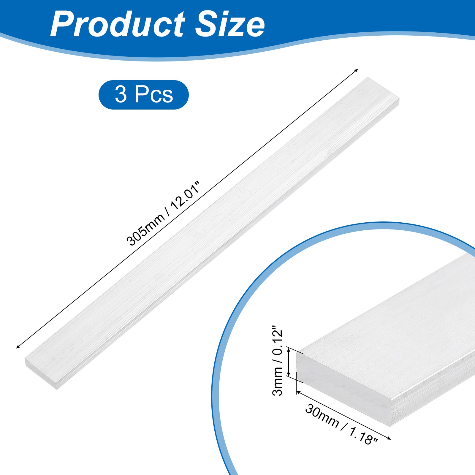 Square Aluminum Flat Bar, 3pcs 3 x 30 x 305mm T6511 Solid New Mill Stock