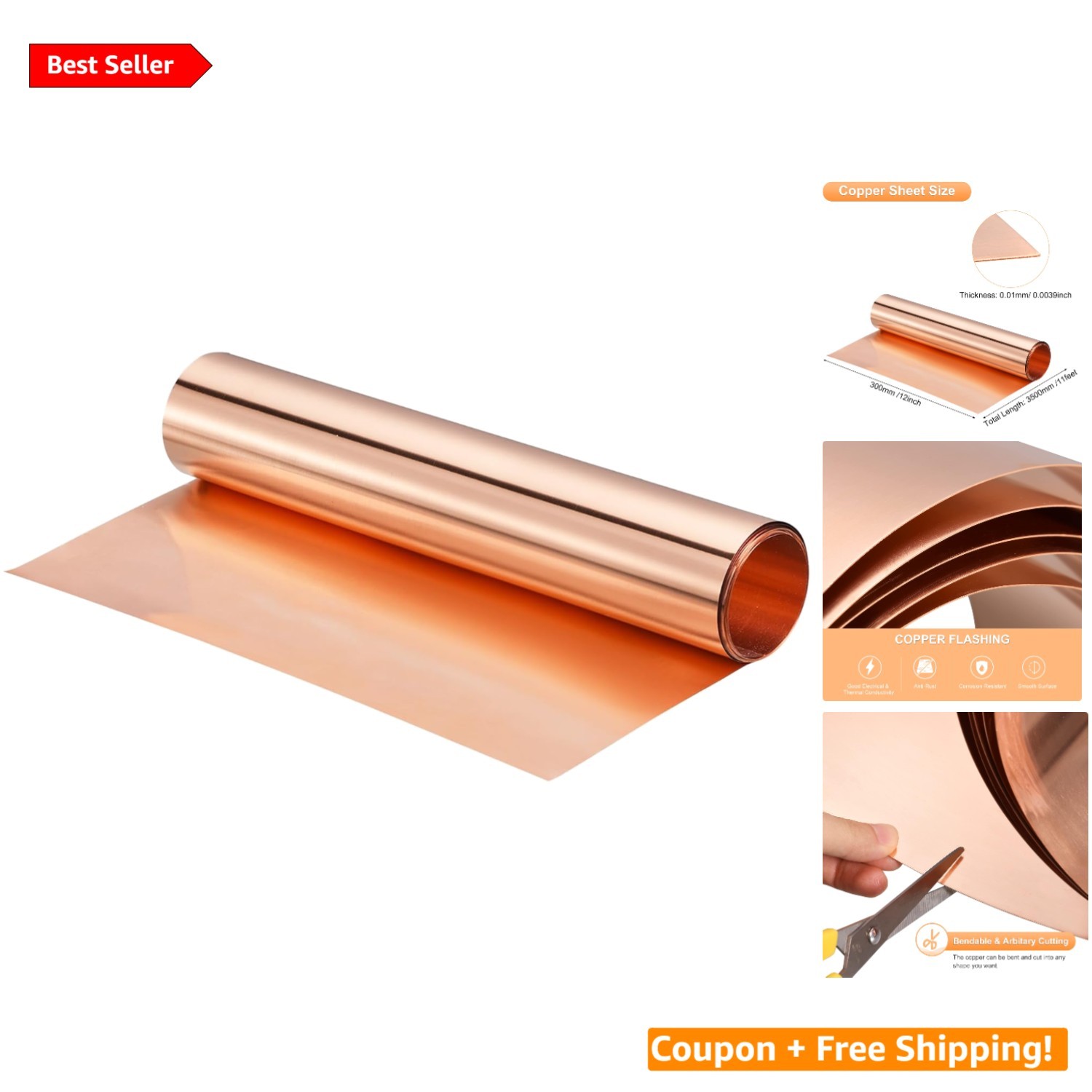 Industrial Grade Copper Strip Roll 3500mm x 300mm x 0.1mm – Weather Resistant