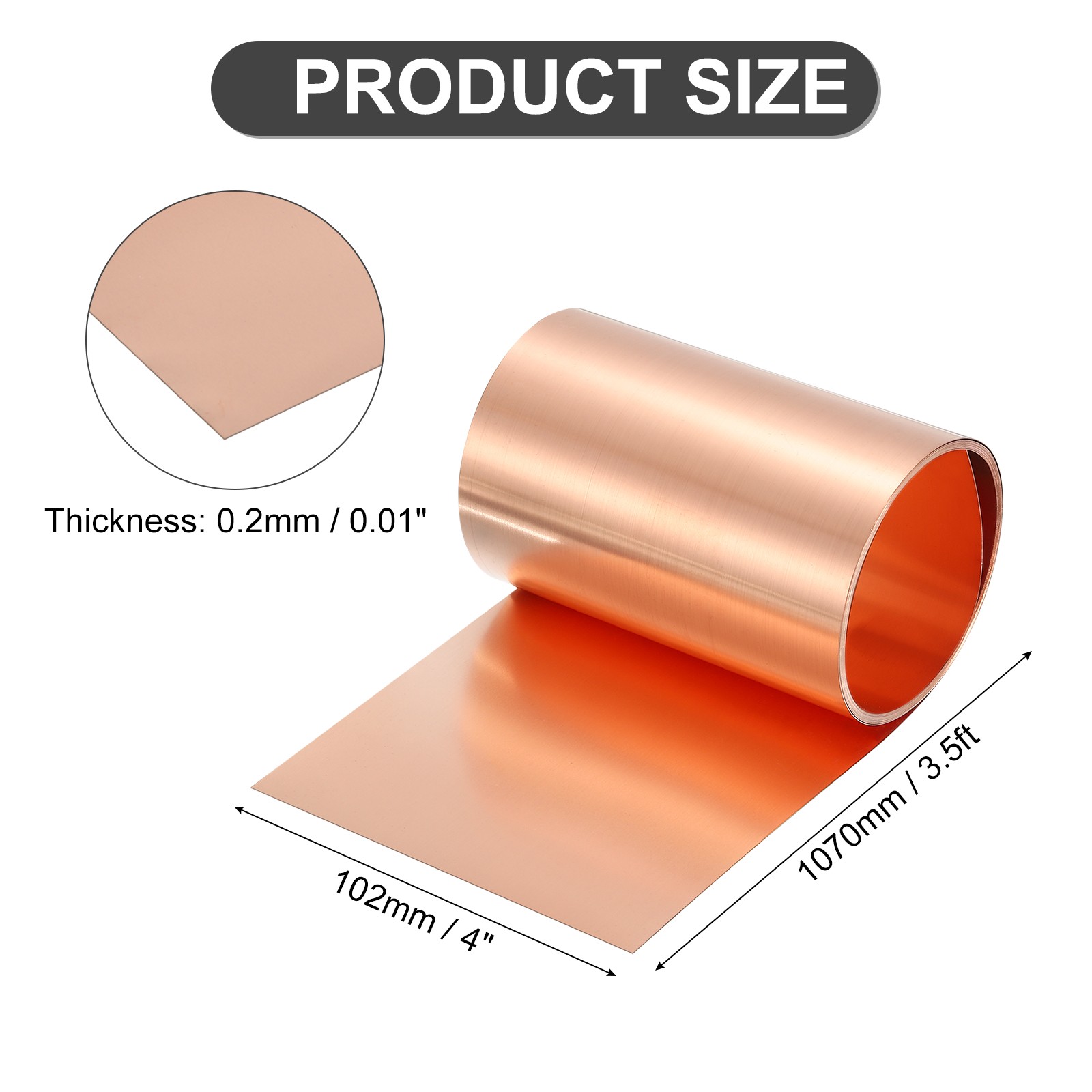Pure Copper Sheet Roll, 0.2mm 24Ga Thick T2 3.5Ft x 4in Copper Strip for Craft