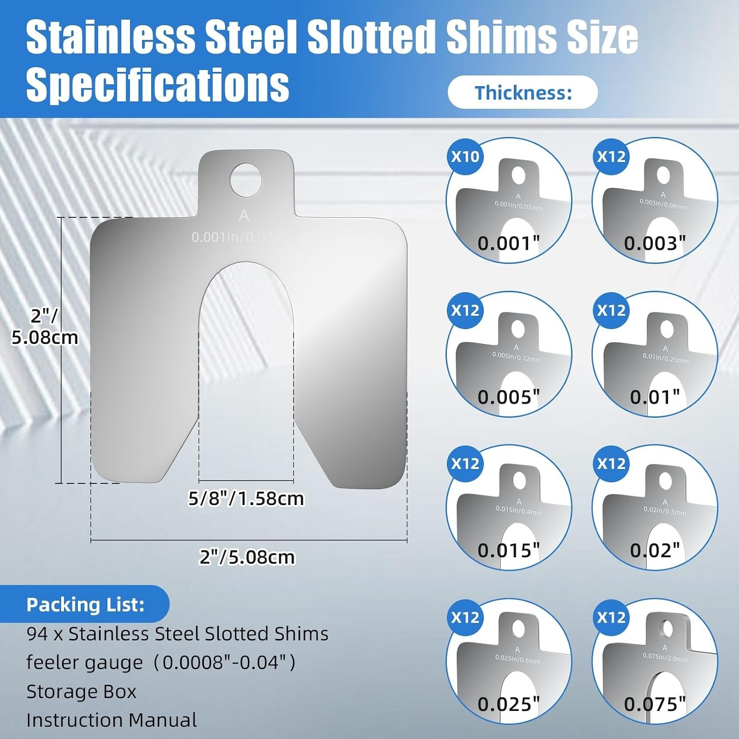 2″ x 2″ Stainless Steel Shim Assortment with Feeler Gauge – 94 Pcs Precision Kit