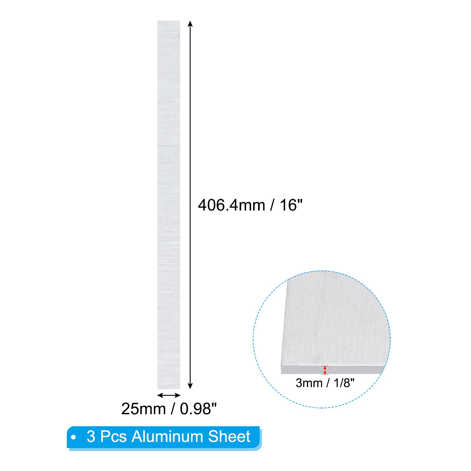 6061 T651 Aluminum Sheet Metal 15.98 x 0.98 x 1/8(0.125″) Inch 3Pcs Flat 3MM
