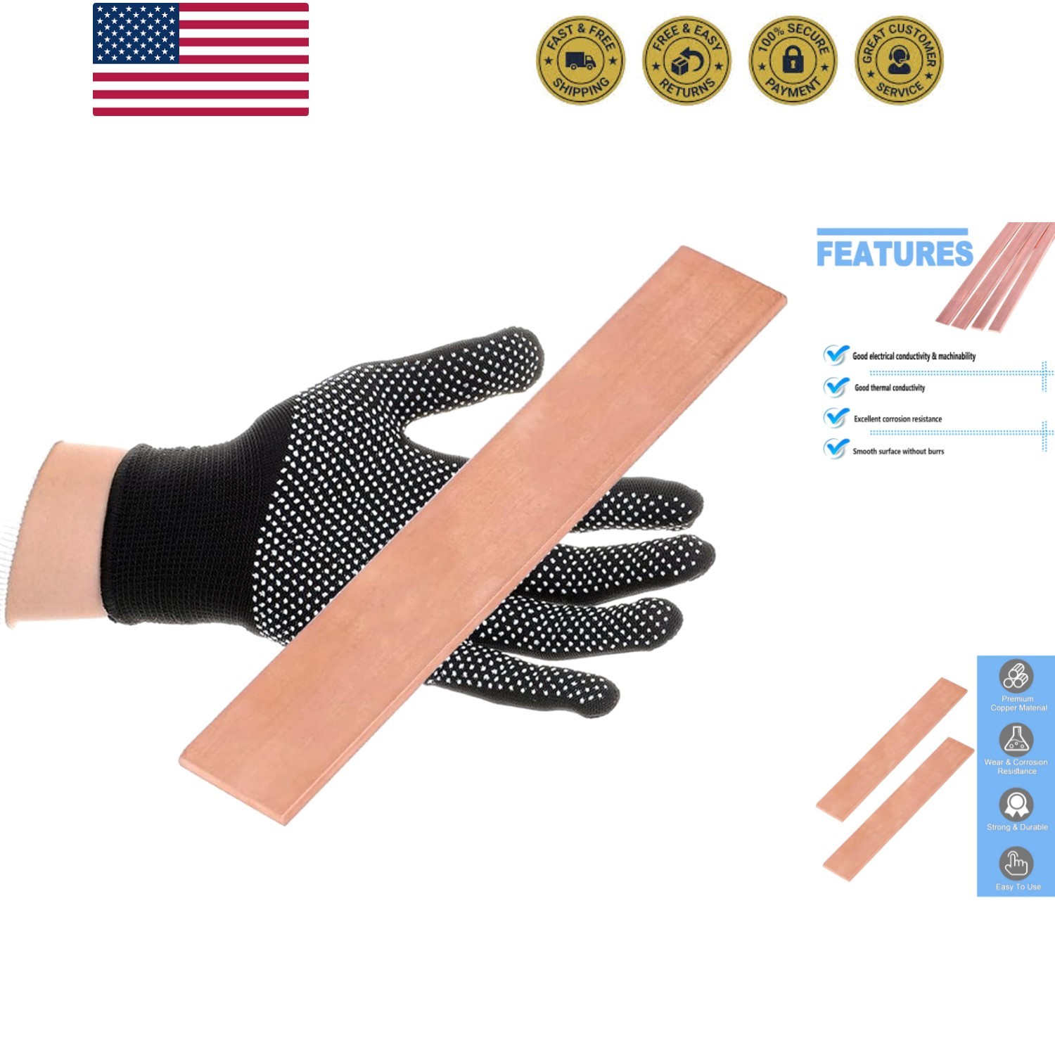1/8″ x 1″ C110 Copper Flat Bar 6″ Long, Copper Bus Bar