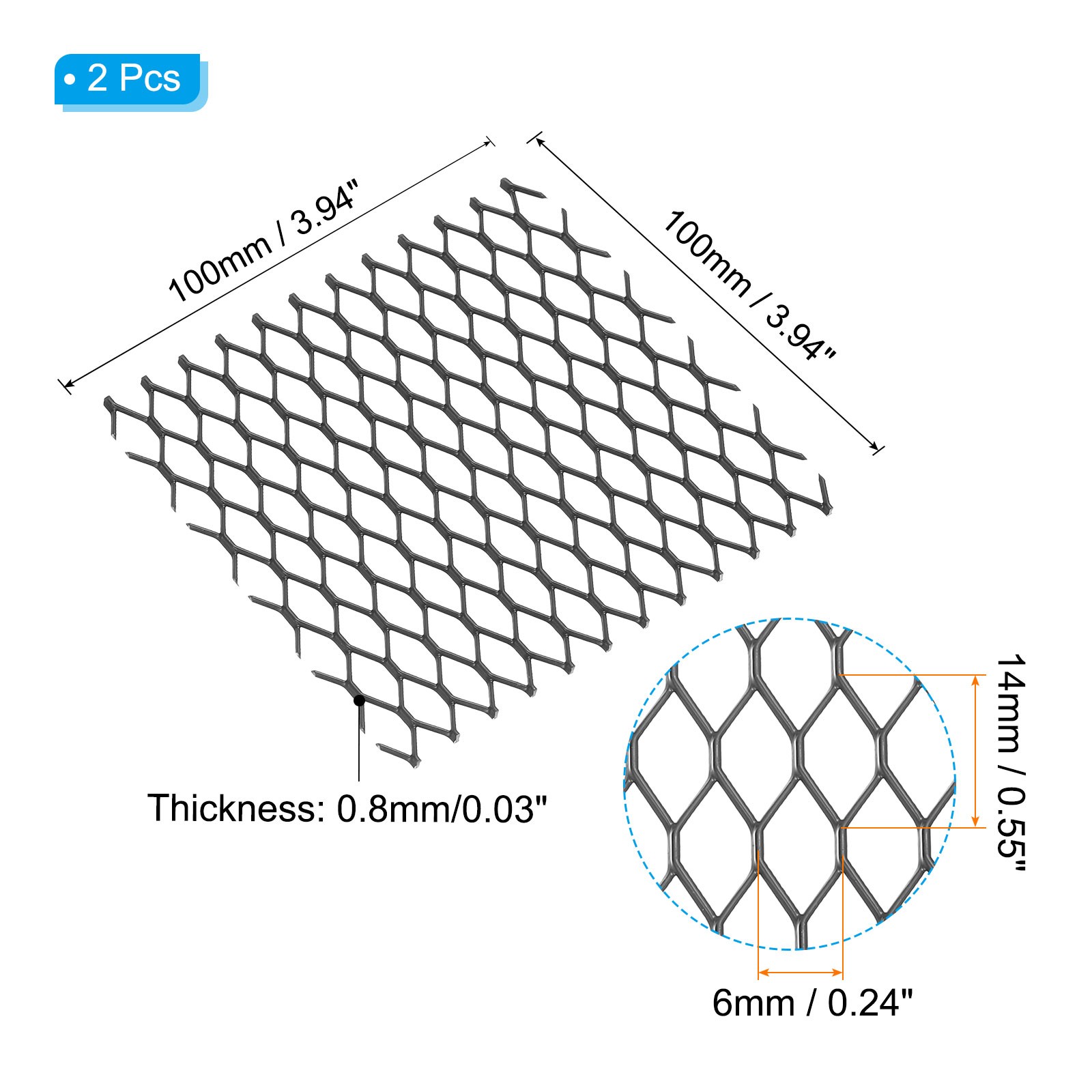4″L x 4″W Universal Car Grill Mesh, 2Pcs 6x14mm Hexagon Hole, Black