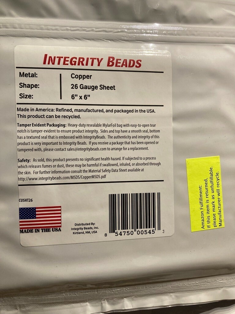 INTEGRITY BEADS 19 count Copper 24 Gauge Sheet Size 6 × 6