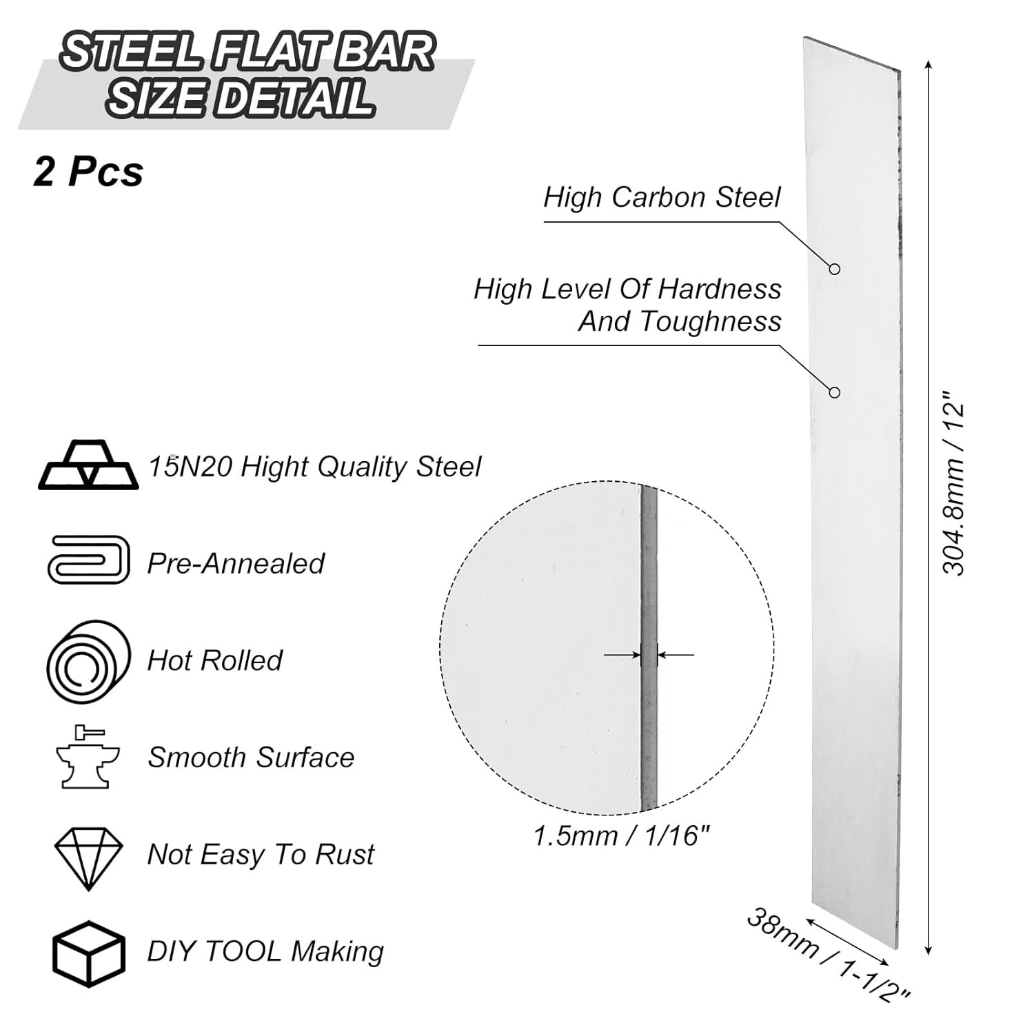 15N20 Steel Flat Bar, 2 Pcs 12″ X 1 1/2″ X 1/16″ Knife Making Steel