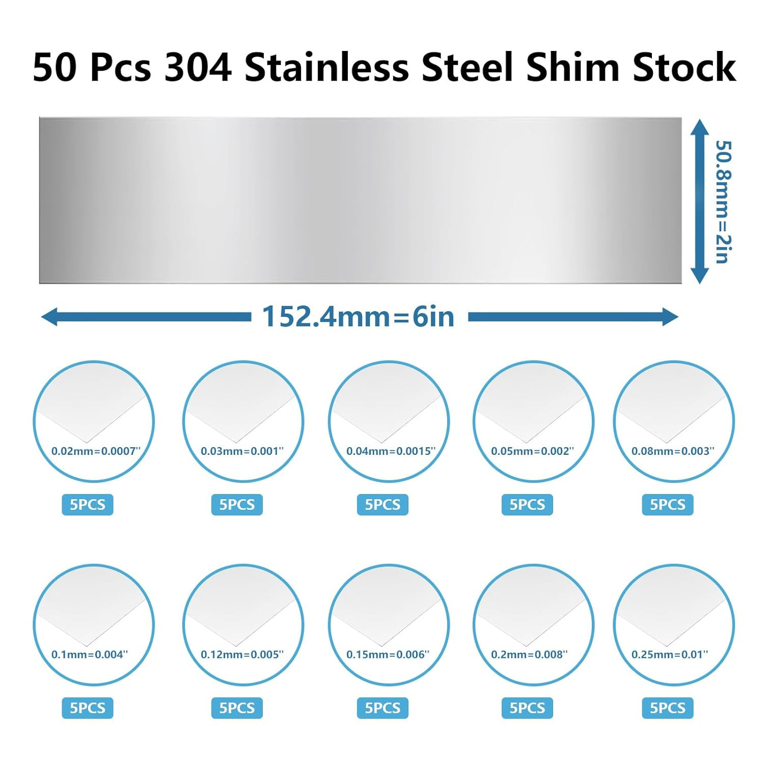 50 Pcs Shim Stock Assortment, 304 Stainless Steel 2″ Width X 6″ Length Metal