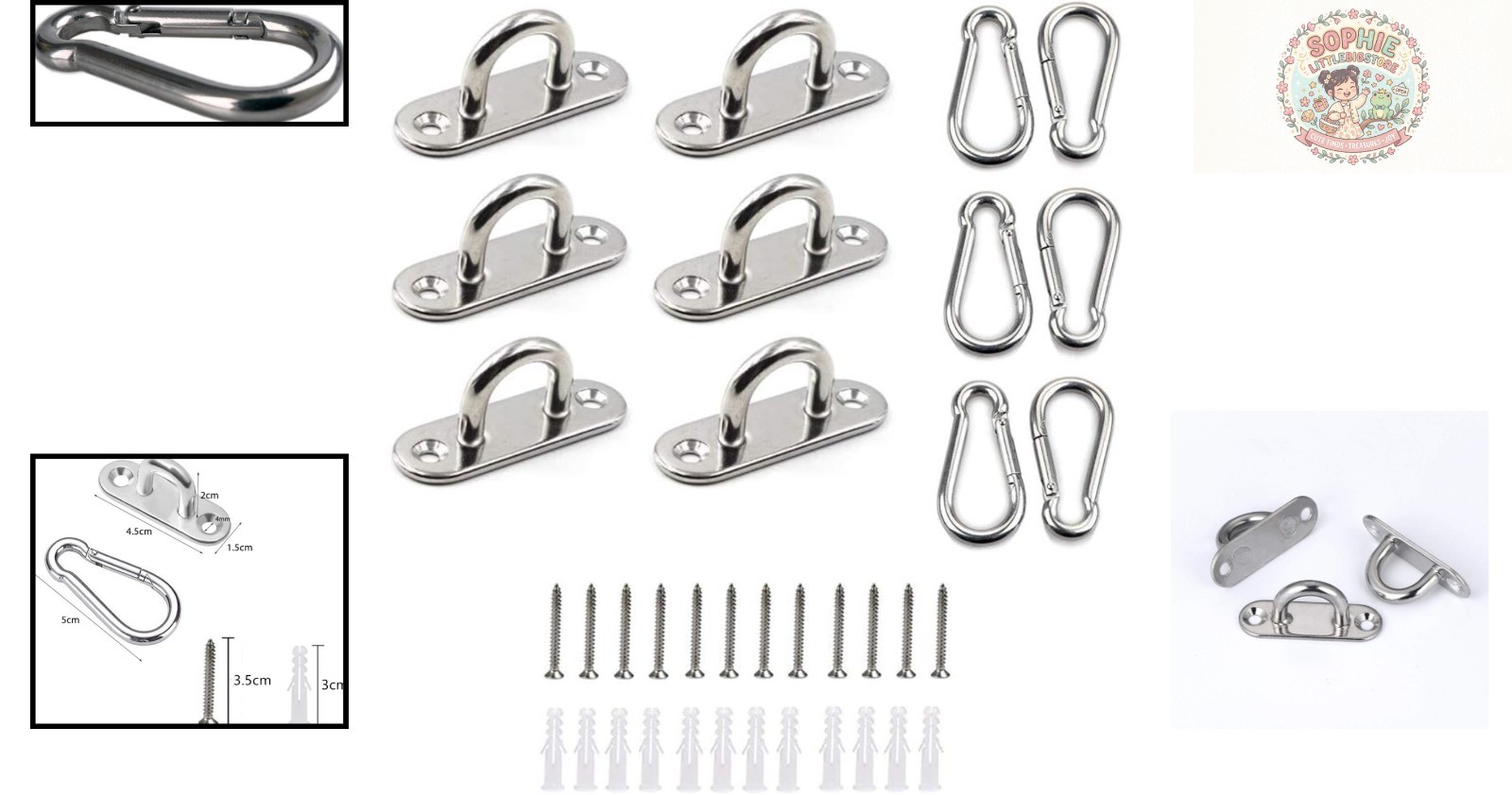 6Pcs Stainless Steel Oblong Pad Eye Plates with Carabiner Clips – 50kg Capacity