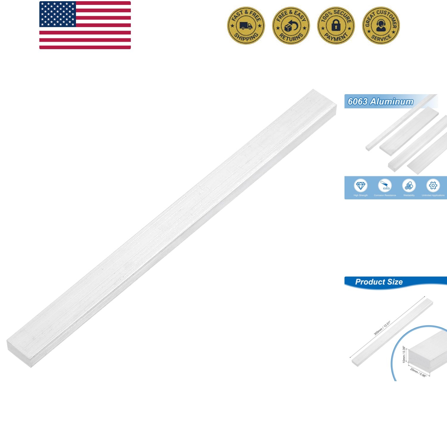 Square Aluminum Flat Bar, 3/8″ Thickness 1″ Width 12″ Length Square 6063 Alum…