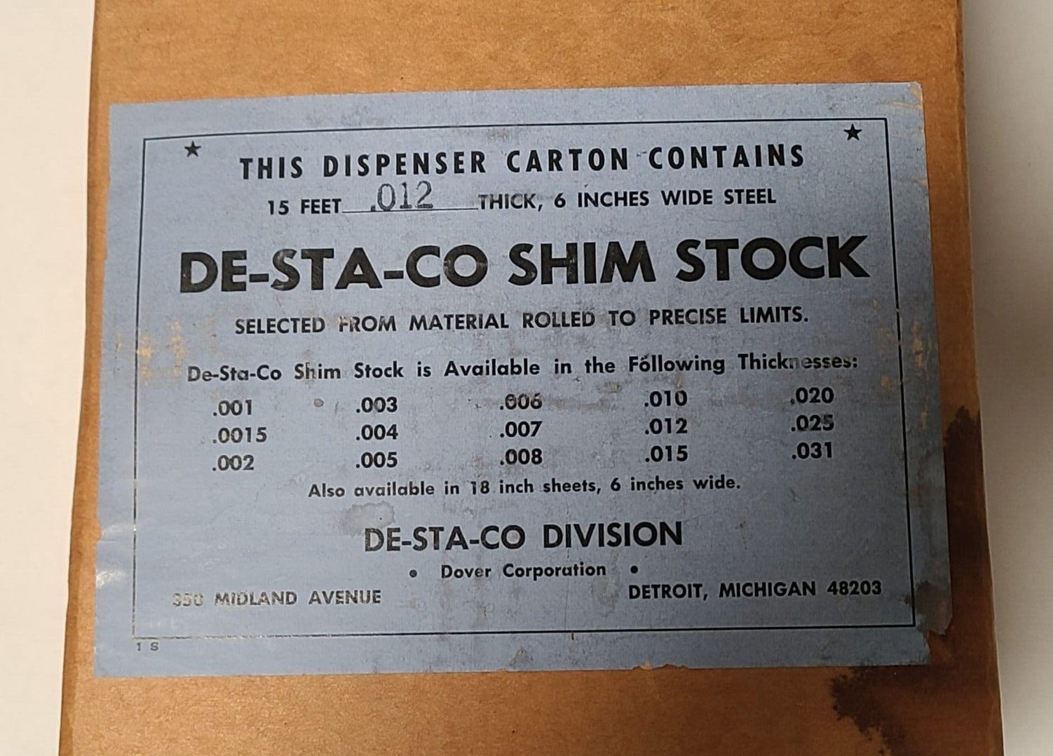 De-Sta-Co Shim Stock 0.012 15 Feet 6 Inches Wide Steel