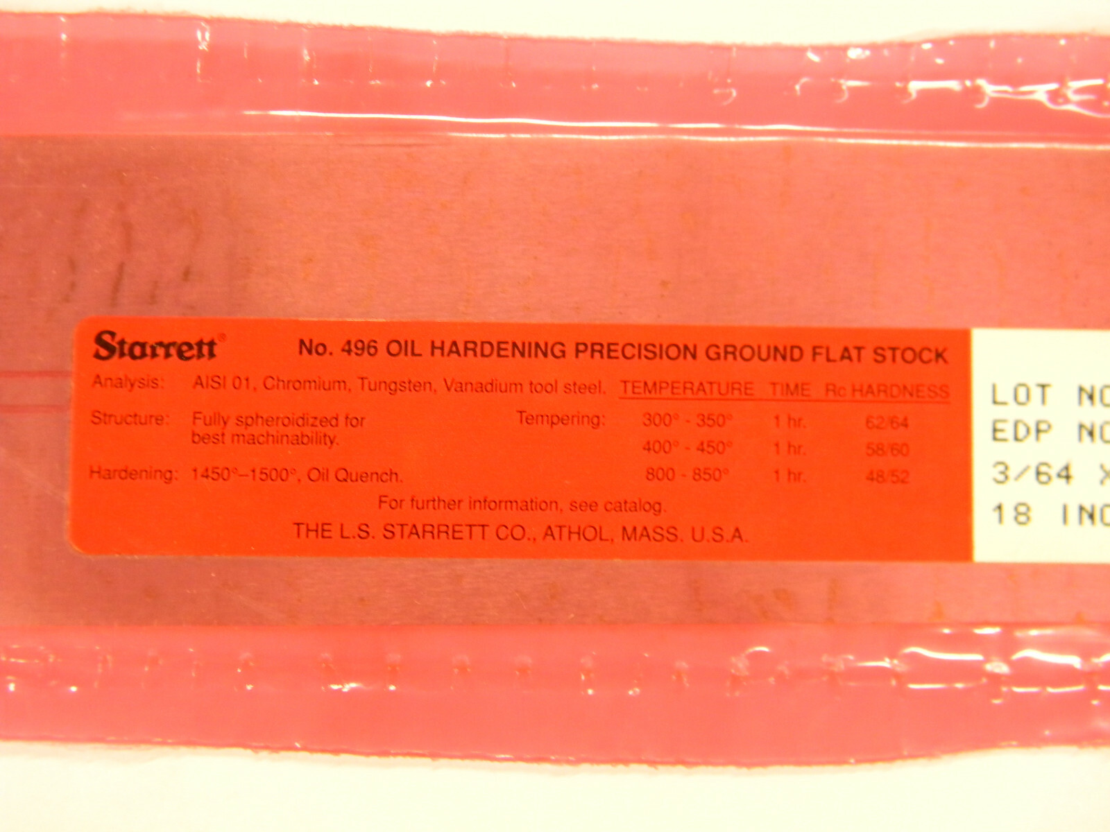 New Starrett 496 Oil Hardening Ground Flat Stock 53950 3/64″ x 3″ x 18″ F2