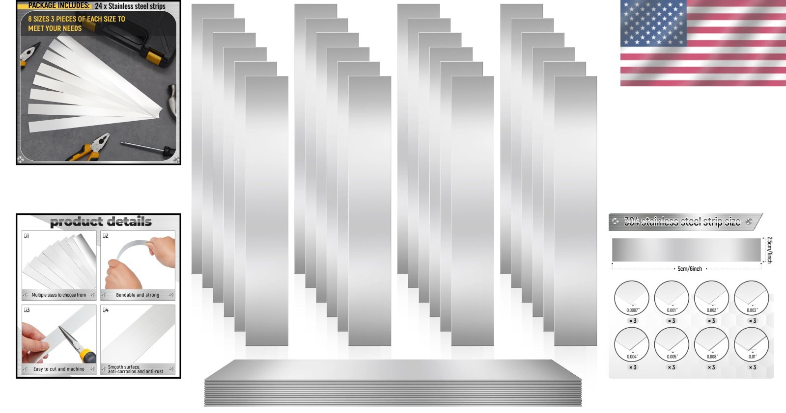 304 Stainless Steel Strips Shim Stock – 24 Pieces, 1″ x 6″ for Home Improvement