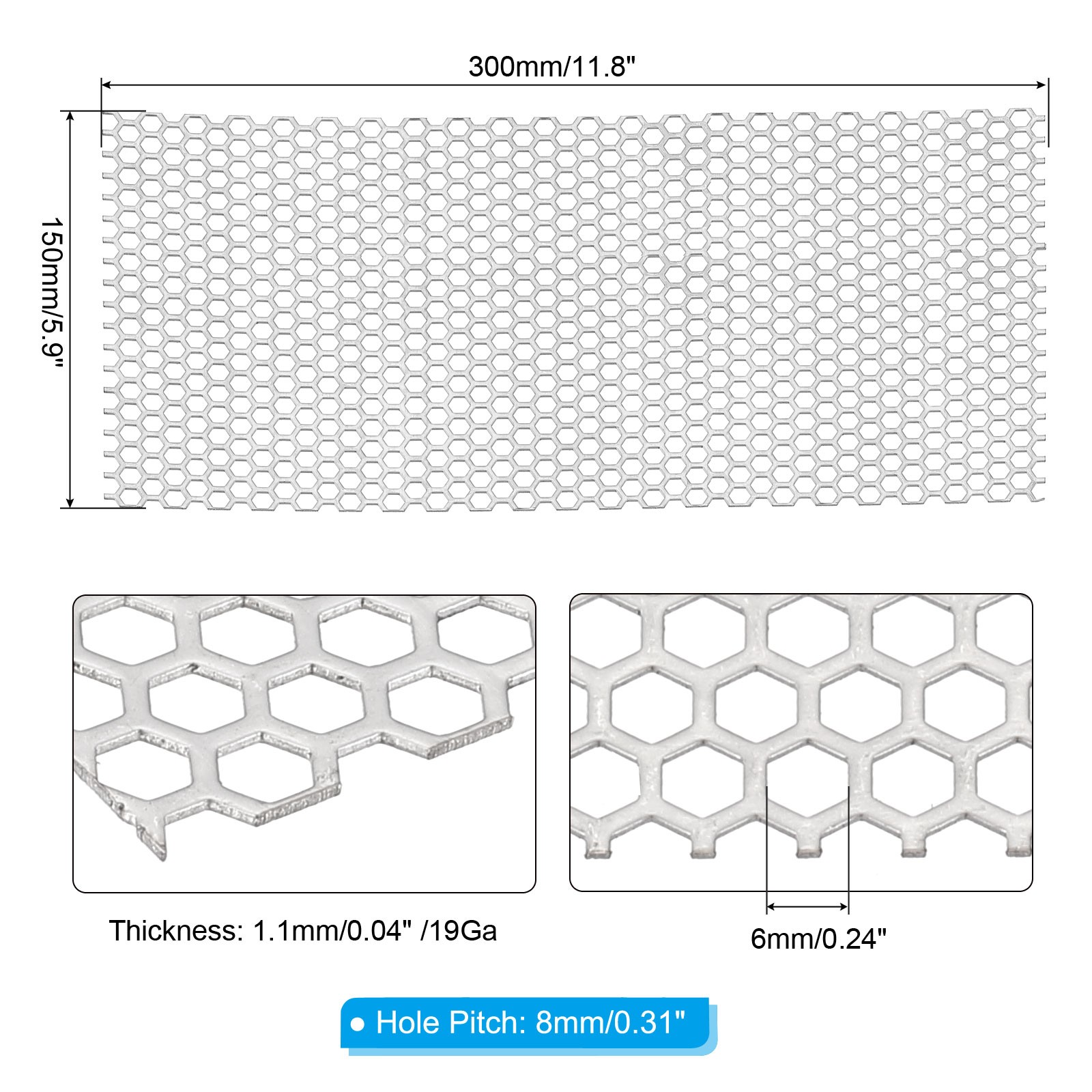 11.8″x5.9″ Perforated Metal Sheets 19Ga 0.24″ Hexagonal Hole Mesh