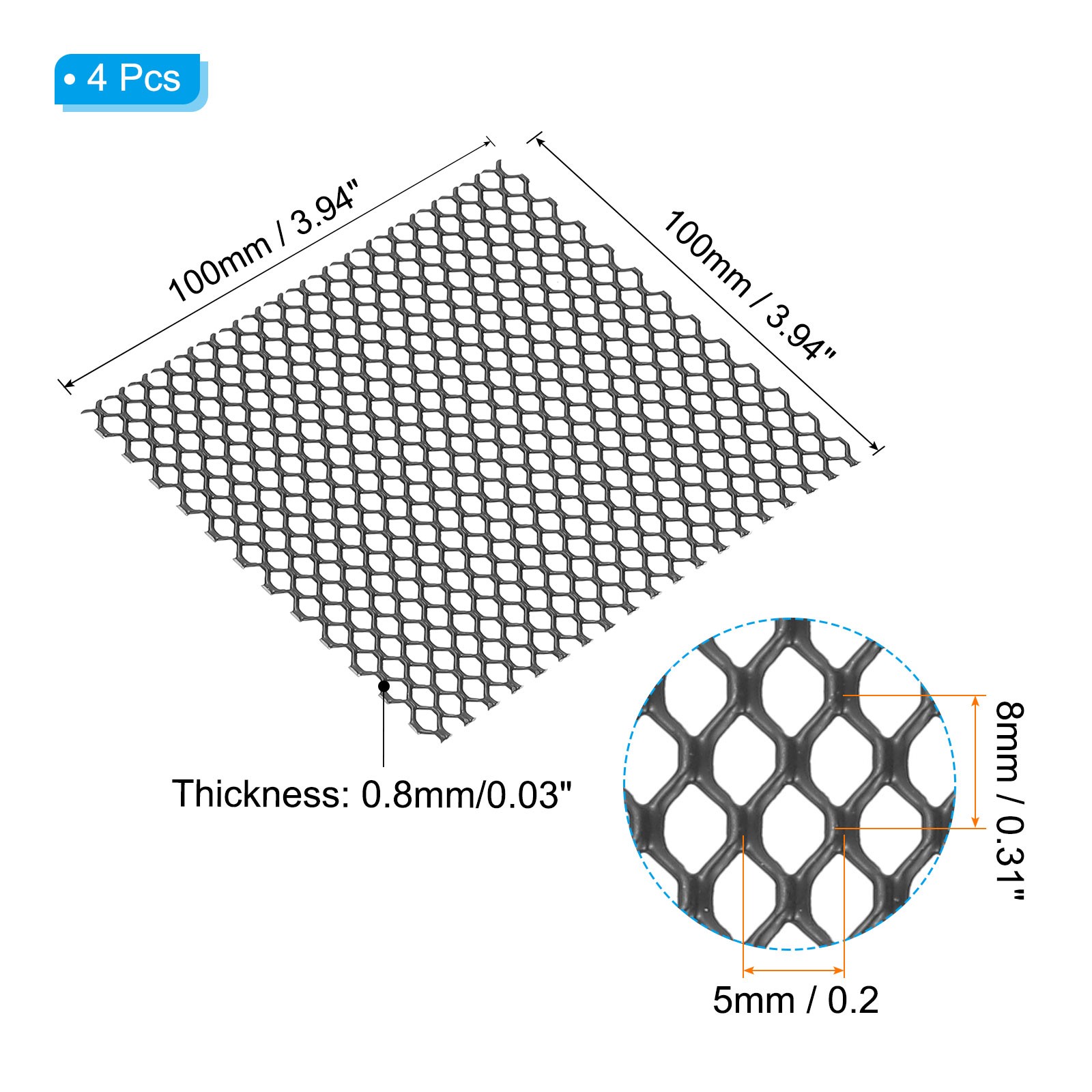 4″L x 4″W Universal Car Grill Mesh, 4Pcs 5x8mm Hexagon Hole, Black