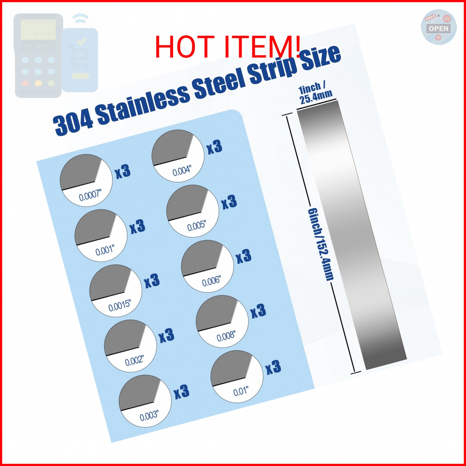 30 Pieces Shim Stock Assortment Metal Shim Stock 304 Stainless Steel Strips 1″ W