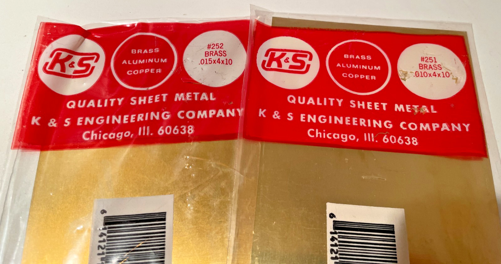 VTG K&S Precision Metals .015x4x10 #252, 0.10x4x10 #251 Brass Sheet Metal NOS