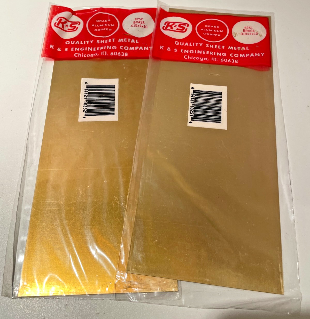 VTG K&S Precision Metals .015x4x10 #252, 0.10x4x10 #251 Brass Sheet Metal NOS