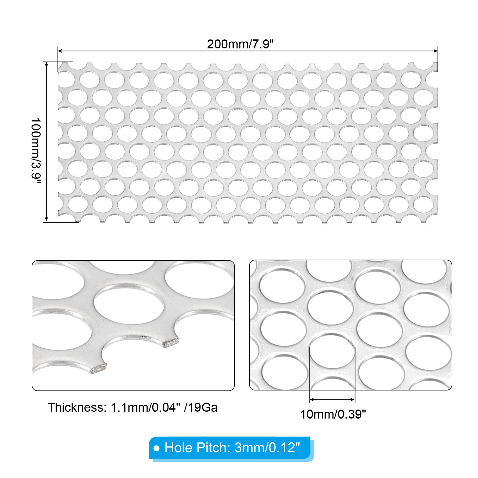 7.9″ x 3.9″ Perforated Metal Sheets, 19Ga 0.39″ Round Hole Mesh