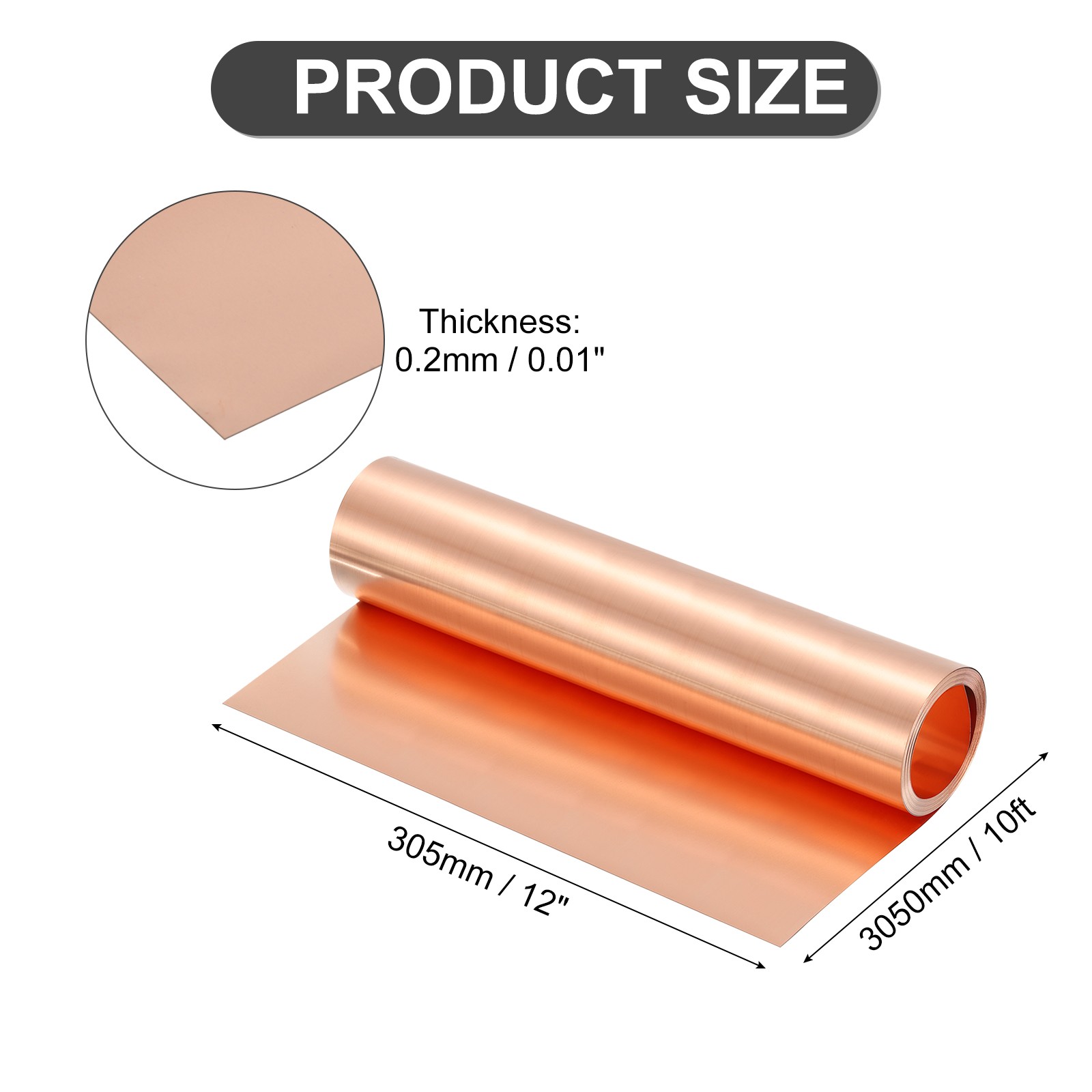 Pure Copper Sheet Roll, 0.2mm 24Ga Thick T2 10Ft x 12in Copper Strip for Craft