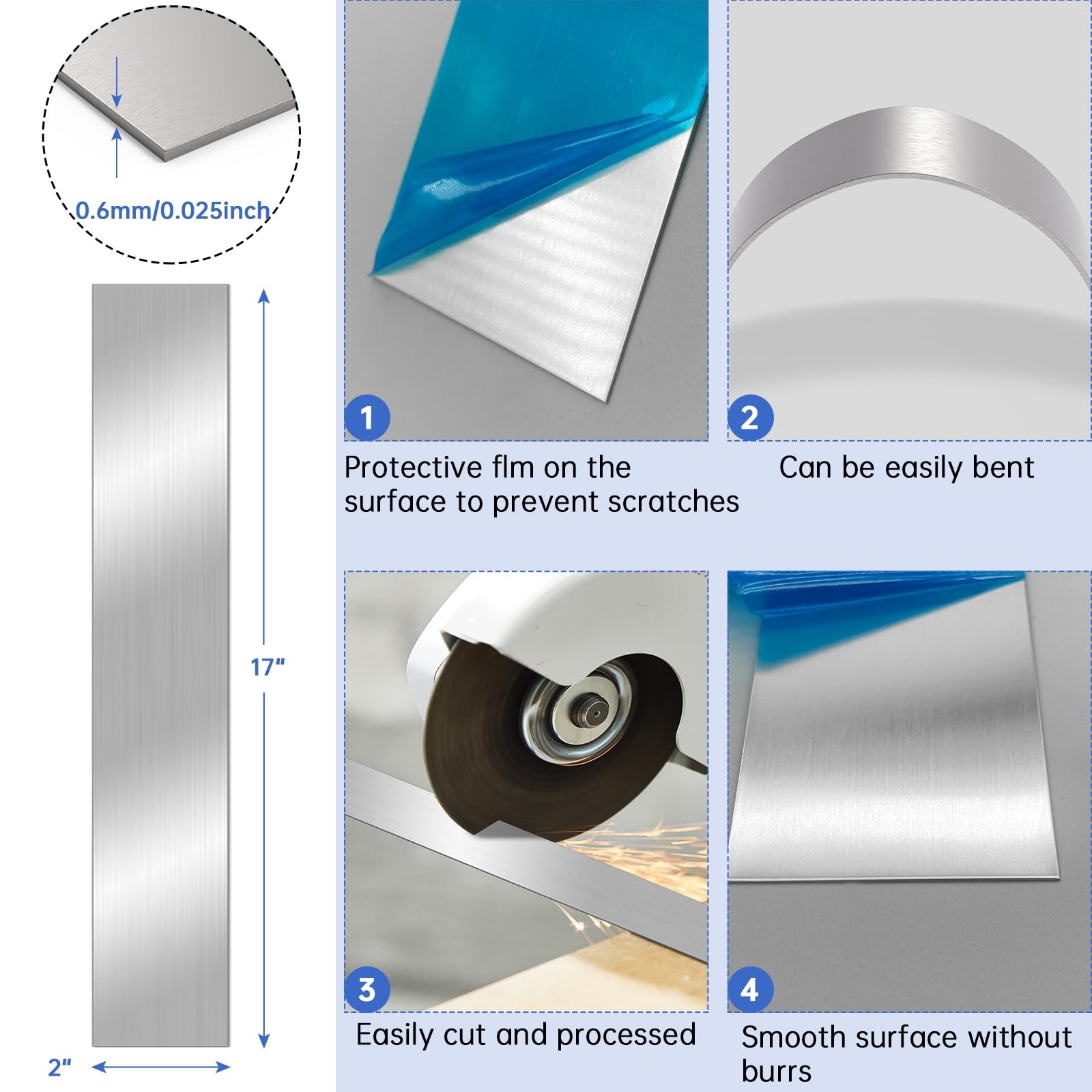 10 Pcs 304 Stainless Steel Strips(17″x 2″x 0.02″ (17″x 2″)*10Pcs, silvery