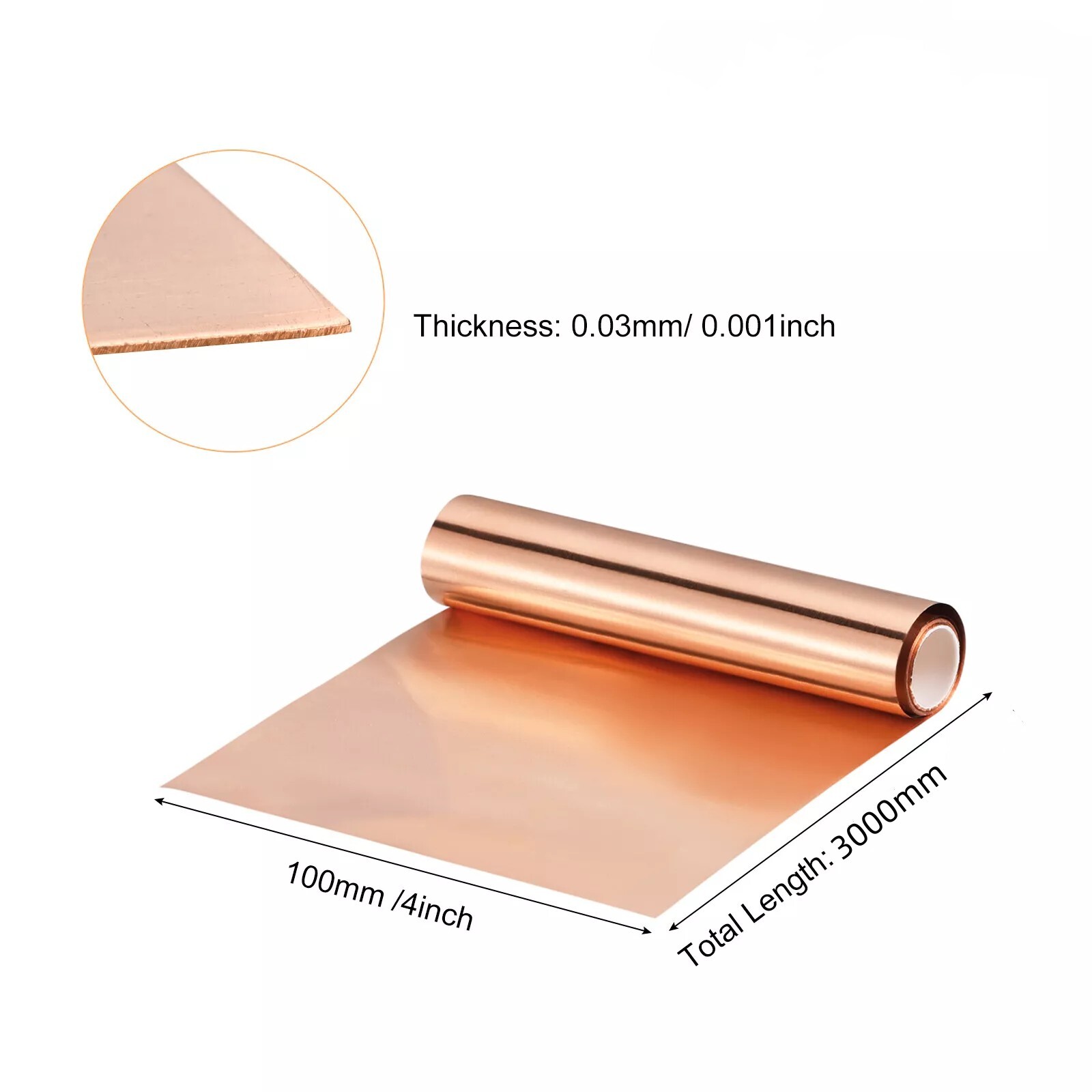 Copper Sheet Roll Pure Copper Flashing Strip Metal Foil Plate 3000x100x0.03mm
