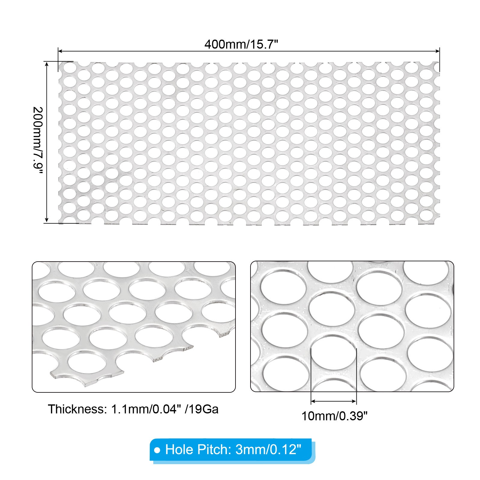 15.7″ x 7.9″ Perforated Metal Sheets, 19Ga 0.39″ Round Hole Mesh