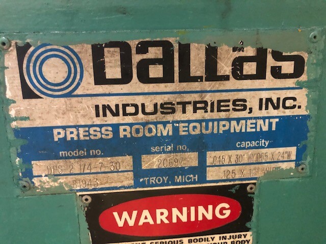 6000 LB x 30″ x.125″ Dallas Servo Feedline ID Capacity: 16″ -21″ OD Capacity: 6