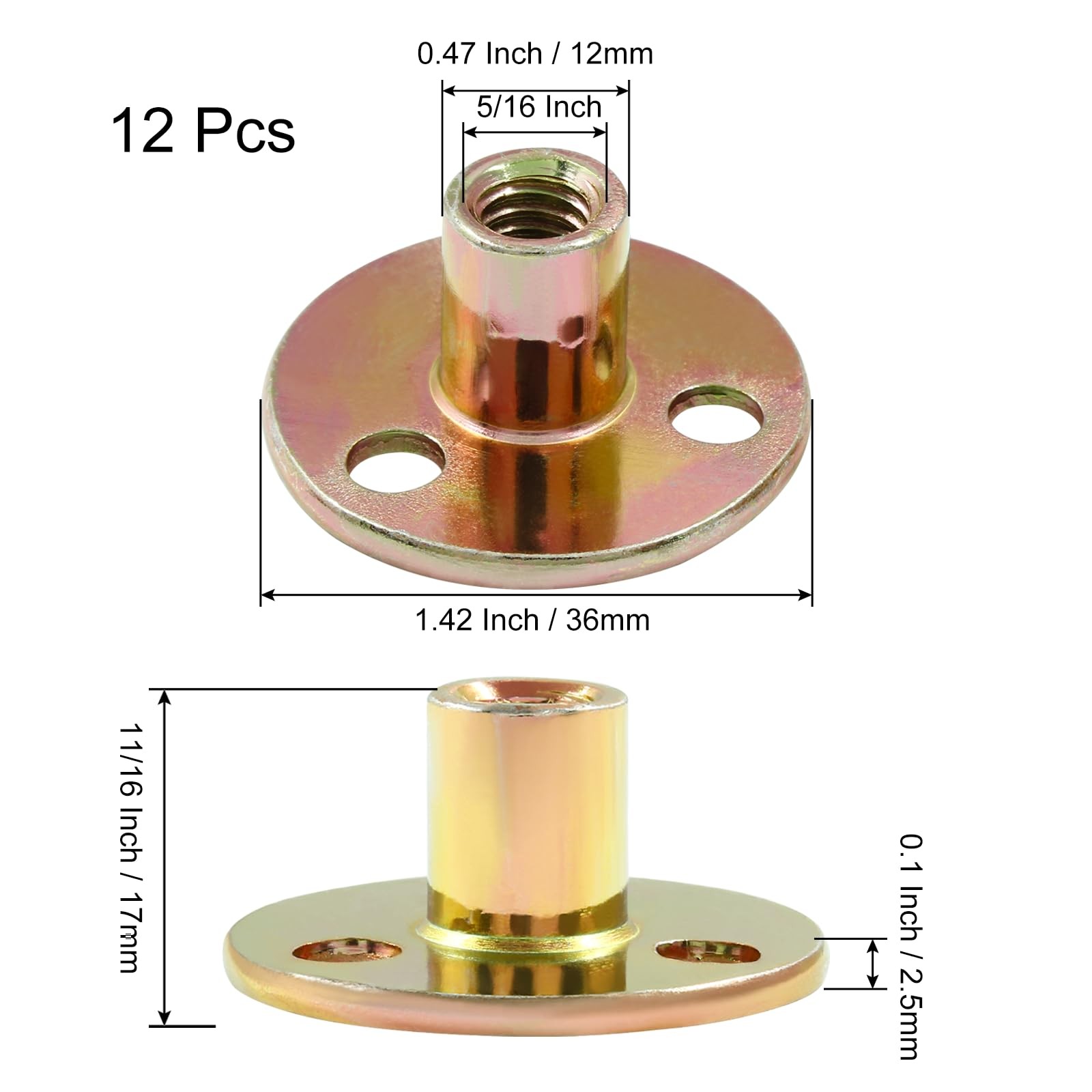 Hordion 12Pcs 5/16″-18 Carbon Steel T Nuts, Round Base Plate Nut, Furniture Hard