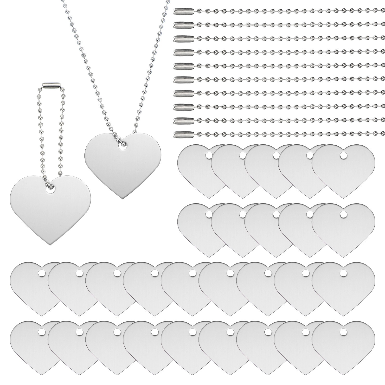 30Pcs Blank Tag Metal Stamping Tags, Heart Shape Engraved Tag, Silver Tone