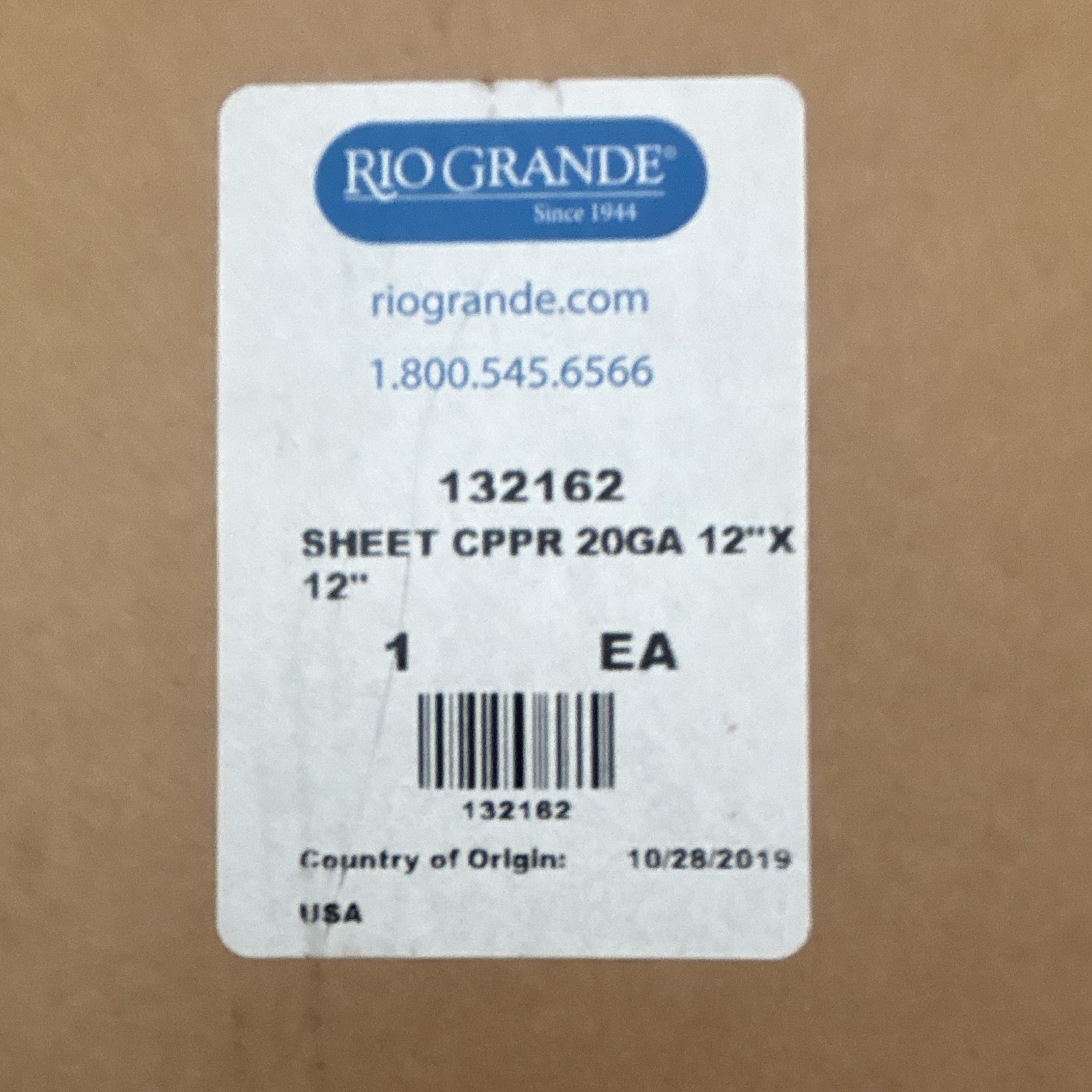 Rio Grande Copper Sheet 20 Ga 12 in x 12 in Flat Stock, MPN 132162