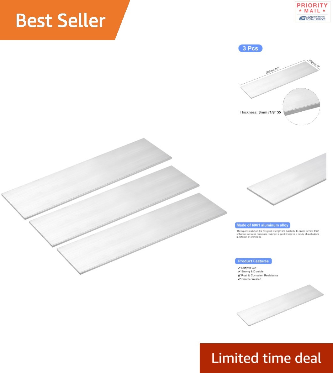 Square Aluminum Plate 3pcs 3mm Thick 100mm Width 305mm Length Industrial Use