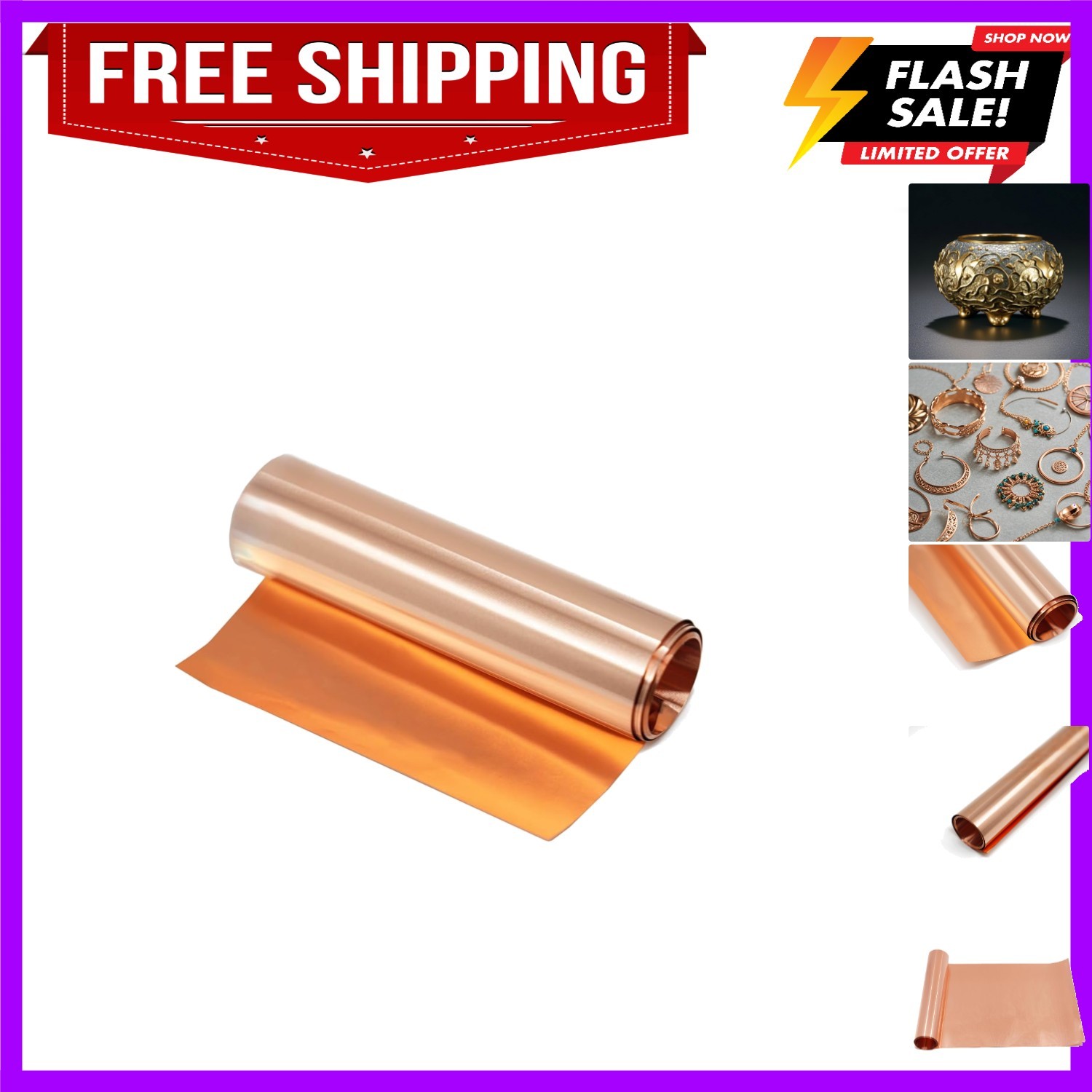 Copper Sheet Foil Roll 3000MM x 150MM x 0.08MMLxWxT，99.9% Pure Copper Flashin…