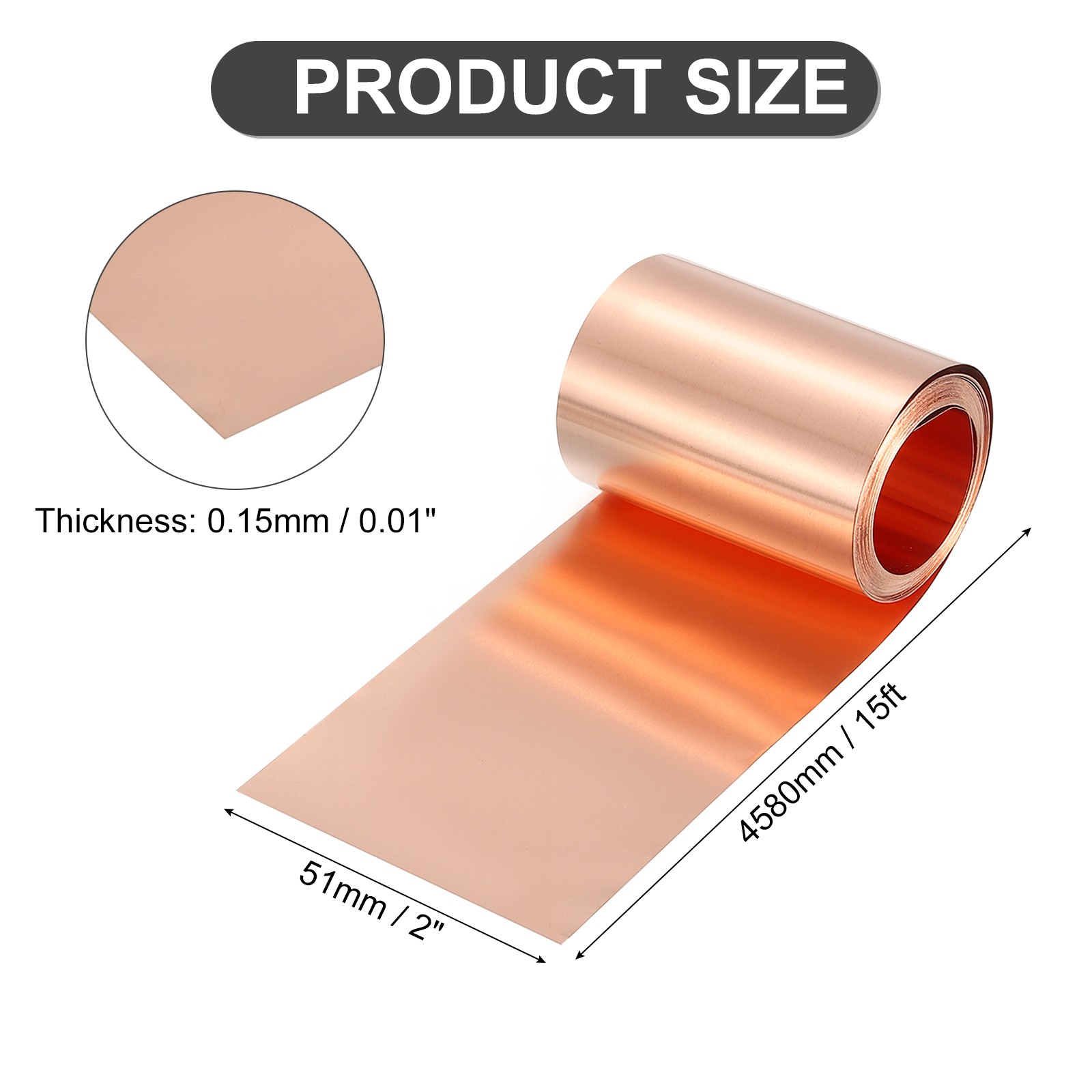 Pure Copper Sheet Roll, 0.15mm 19Ga Thick T2 15Ft x 2in Copper Strip for Craft
