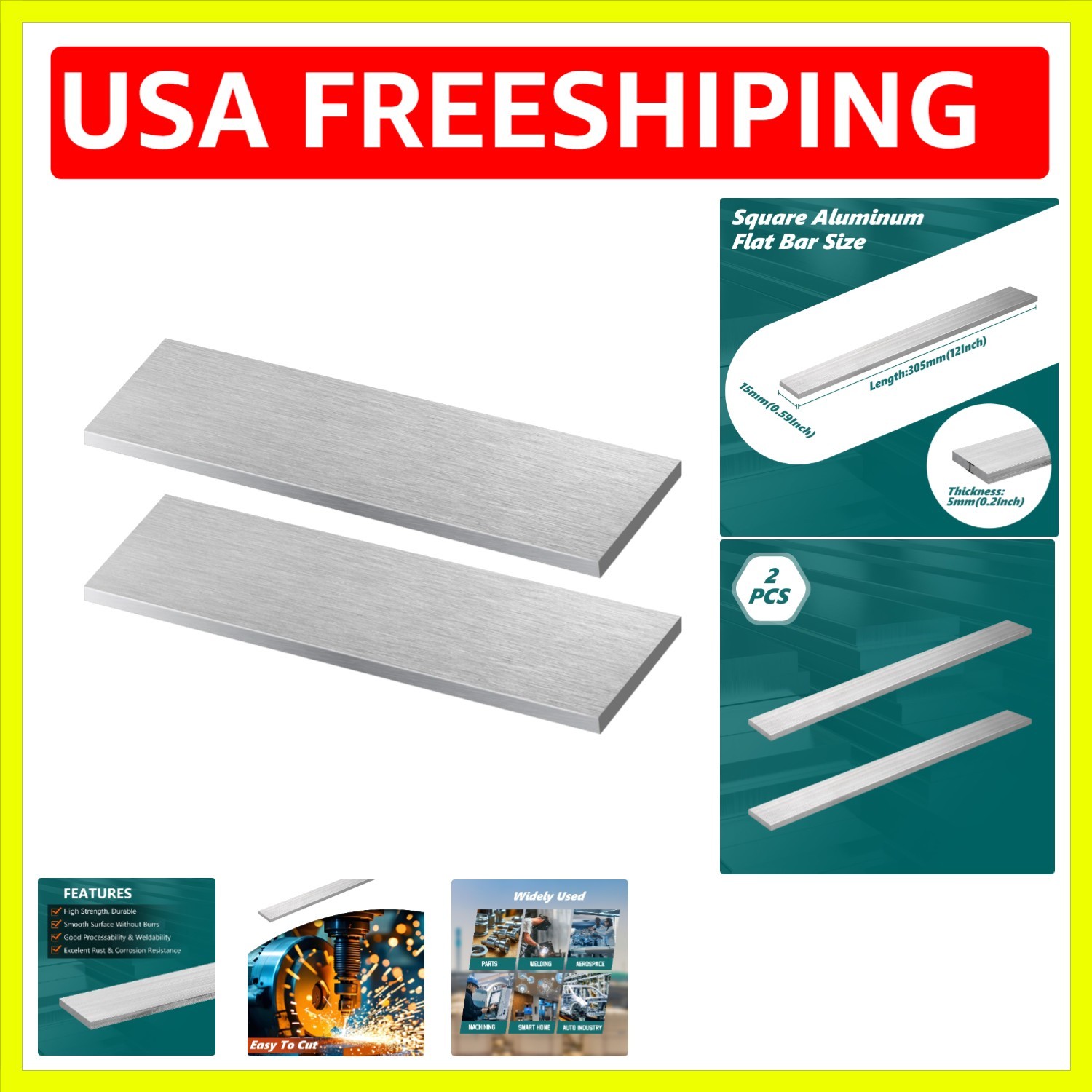 2Pcs Square Aluminum Flat Bar, 1/4″ Thickness x 0.6″ Width x 12″ Length 6061 …