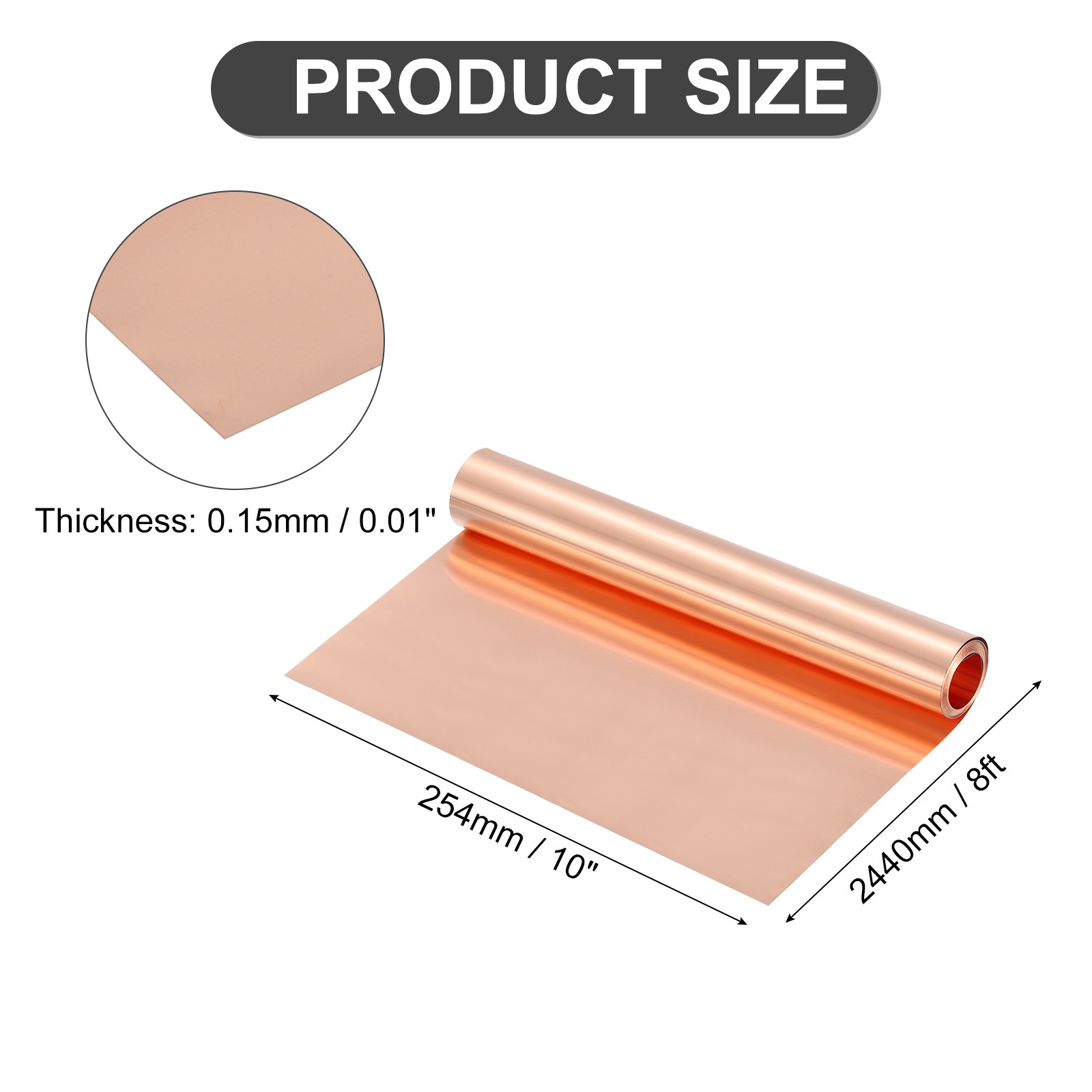 Pure Copper Sheet Roll, 0.15mm 19Ga Thick T2 8Ft x 10in Copper Strip for Craft