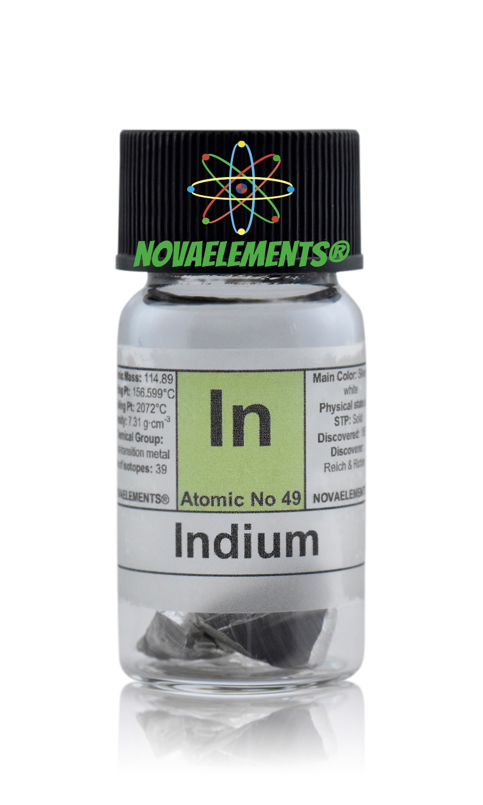 Indium metal element 49 sample 5 grams shiny pieces 99.99% in labeled glass vial